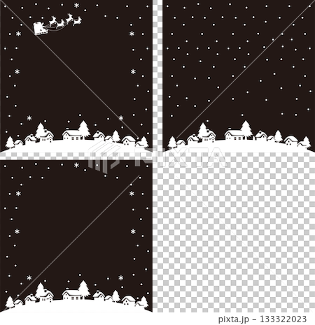 サンタクロースとトナカイのフレーム　雪の降る街並みのシルエット　背景　カード　イラスト素材セット 133322023