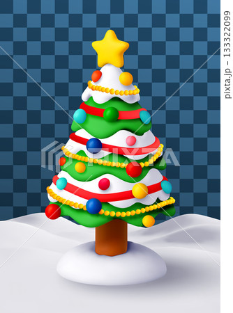 3D green Christmas tree with ornaments in snow. 3D green Christmas tree with ornaments in snow. 133322099