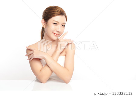 A beautiful young Asian woman with clean, fresh skin against a white background. Skincare, facial treatment, cosmetology, beauty, and spa. An elegant portrait of an Asian woman. A beautiful young Asian woman with clean, fresh skin against a white background. Skincare, facial treatment, cosmetology, beauty, and spa. An elegant portrait of an Asian woman. 133322112