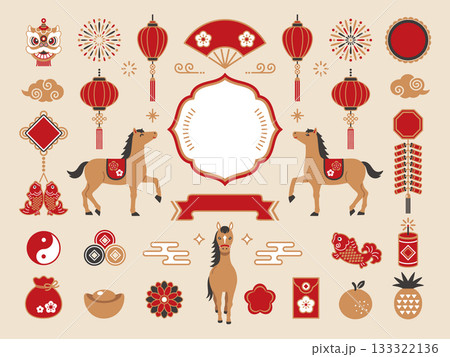 2026年  馬と春節のイラストセット 133322136