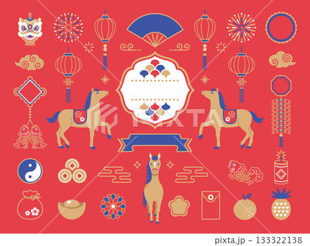 2026年  馬と春節のイラストセット 133322138