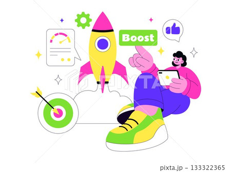 Business Boost Vector Illustration with a Digital Marketing Rocket, Company Career Success in Development and Profit Increase on a Flat Background Business Boost Vector Illustration with a Digital Marketing Rocket, Company Career Success in Development and Profit Increase on a Flat Background 133322365
