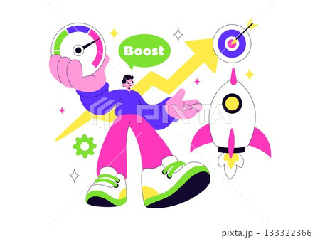 Business Boost Vector Illustration with a Digital Marketing Rocket, Company Career Success in Development and Profit Increase on a Flat Background 133322366