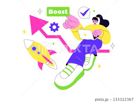 Business Boost Vector Illustration with a Digital Marketing Rocket, Company Career Success in Development and Profit Increase on a Flat Background 133322367