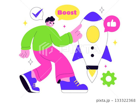 Business Boost Vector Illustration with a Digital Marketing Rocket, Company Career Success in Development and Profit Increase on a Flat Background Business Boost Vector Illustration with a Digital Marketing Rocket, Company Career Success in Development and Profit Increase on a Flat Background 133322368