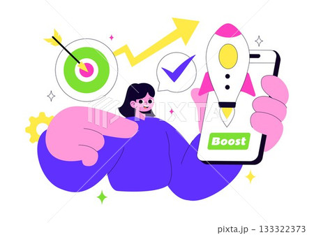 Business Boost Vector Illustration with a Digital Marketing Rocket, Company Career Success in Development and Profit Increase on a Flat Background Business Boost Vector Illustration with a Digital Marketing Rocket, Company Career Success in Development and Profit Increase on a Flat Background 133322373
