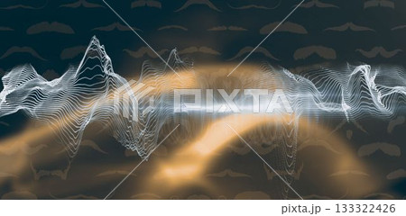 Abstract graphic showing white waveform lines crossing golden-orange arcs on slate-blue background 133322426