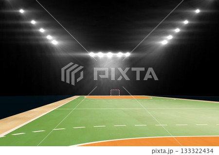 Empty sports court is glowing under spotlights in flat design with green surface and orange zones 133322434