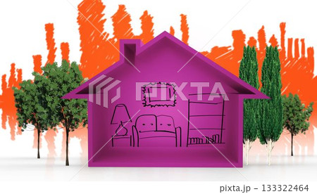 Flat design magenta house is sitting on white base showing interior with green trees orange skyline Flat design magenta house is sitting on white base showing interior with green trees orange skyline 133322464