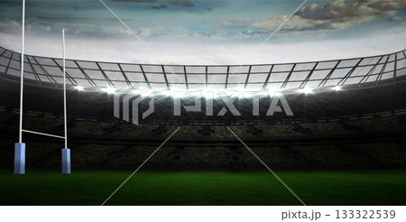 Flat design rugby goalposts are standing left in stadium, highlighting green pitch and floodlights 133322539
