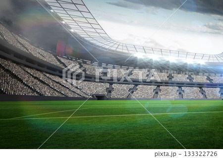 Flat design is showing green grass pitch with white markings under steel canopy and floodlights Flat design is showing green grass pitch with white markings under steel canopy and floodlights 133322726