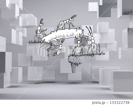 Working ants in grey room with cubes 133322736