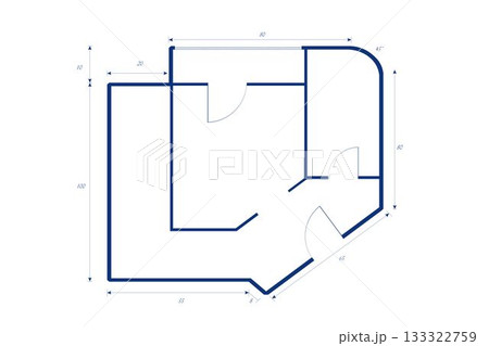 Minimalist vector floor plan showing blue wall outlines, door arcs, dimension labels and 45° marker Minimalist vector floor plan showing blue wall outlines, door arcs, dimension labels and 45° marker 133322759