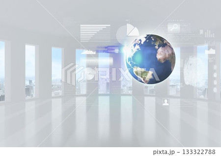 Holographic Earth globe is floating in minimalist room in 3D render, with data overlays and icons Holographic Earth globe is floating in minimalist room in 3D render, with data overlays and icons 133322788