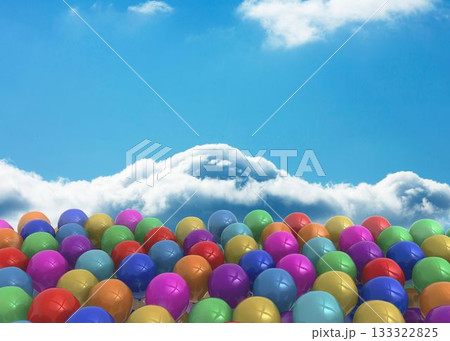 Multicolored balloon cluster is filling in flat design under bright blue sky with white clouds Multicolored balloon cluster is filling in flat design under bright blue sky with white clouds 133322825