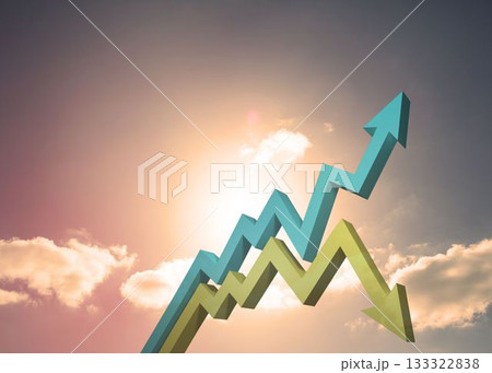 Blue and green arrows against blue sky Blue and green arrows against blue sky 133322838