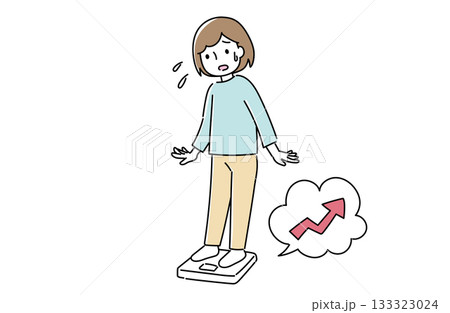 体重計に乗って体重増加に気づいて焦る女性のイラスト 133323024