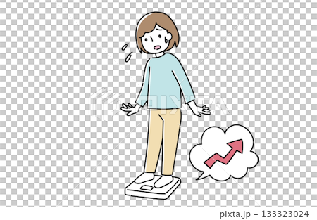 体重計に乗って体重増加に気づいて焦る女性のイラスト 133323024