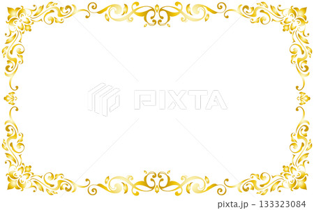 金色の格式高いイメージの装飾枠。アールヌーボースタイル。手描き。横長。 133323084