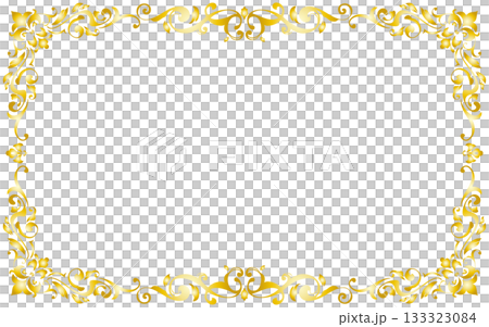 金色の格式高いイメージの装飾枠。アールヌーボースタイル。手描き。横長。 133323084