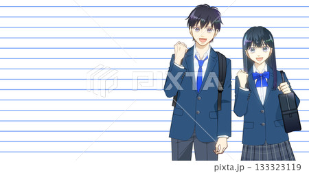 ノートの罫線のような背景、リュックとスクールバッグを持つ高校生または中学生の男女のアニメ風イラスト 133323119
