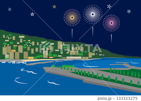 熱海温泉街　花火　イラスト 133323275