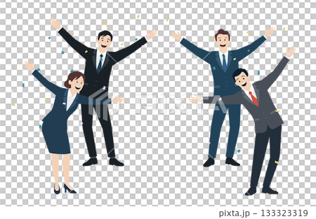 一幅插圖描繪了身著西裝的商務團隊熱情歡迎的場景。 133323319