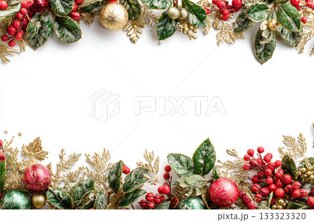 ゴールドと赤のクリスマスフレーム（上下配置・白背景）クリスマスカード用背景素材_華やかなゴールドオー 133323320