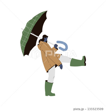Rain with Woman Character with Umbrella Wear Boots and Coat in Storm Weather Vector Illustration 133323509
