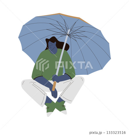 Rain with Woman Character Sit with Umbrella in Storm Weather Vector Illustration Rain with Woman Character Sit with Umbrella in Storm Weather Vector Illustration 133323516