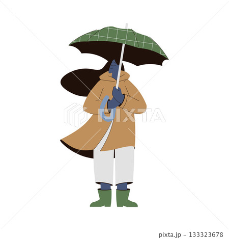 Rain with Woman Character with Umbrella Wear Coat in Storm Weather Vector Illustration 133323678