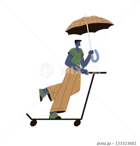Rain with Man Character with Umbrella Ride Scooter in Storm Weather Vector Illustration 133323681