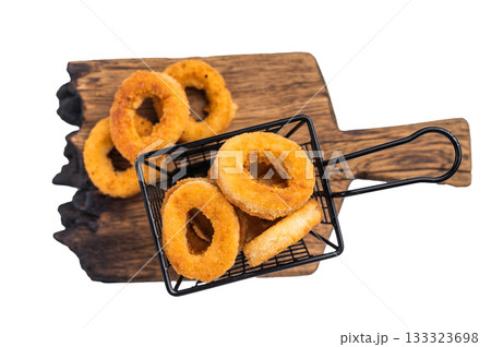 Deep Fried crunchy onion rings, delicious snack isolated on white background. top view Deep Fried crunchy onion rings, delicious snack isolated on white background. top view 133323698