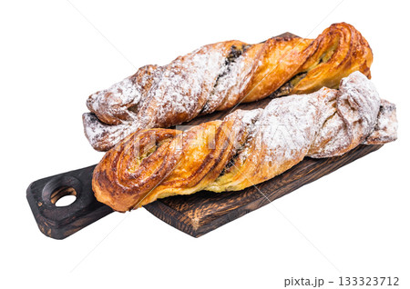 Homemade pastry with Pistachios and chocolate, Puff pastry isolated on white background. top view Homemade pastry with Pistachios and chocolate, Puff pastry isolated on white background. top view 133323712
