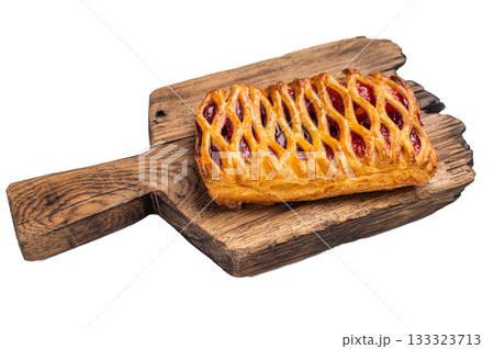Danish pastry with a strawberry and cream cheese filling, isolated on white background. top view Danish pastry with a strawberry and cream cheese filling, isolated on white background. top view 133323713
