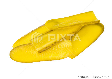 Bright yellow pickled cucumber slices isolated on a clean white background, crisp texture and vibrant color, perfect food ingredient. 133323807