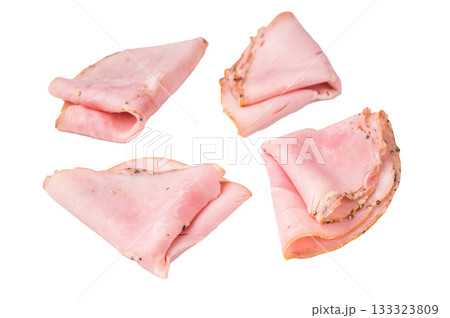 Closeup of cured pork lonza on a plain white backdrop emphasizing marbling and simplicity great for culinary advertising. 133323809