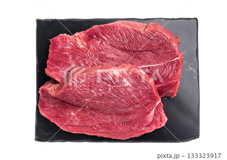 Raw Roe Deer steak, fresh Wild Venison Game Meat Isolated on white background. top view 133323917