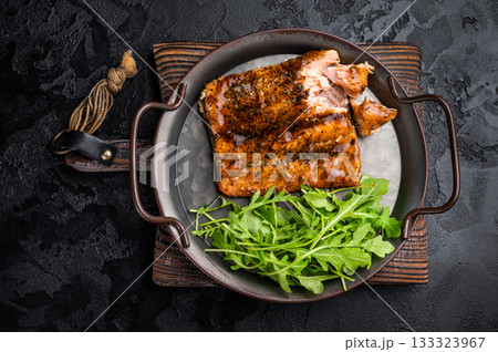 Roasted Teriyaki salmon fillet with salad. black background. top view 133323967