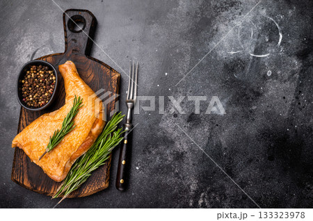 Smoked chicken leg, roast cooked poultry meat dinner. black background. top view Smoked chicken leg, roast cooked poultry meat dinner. black background. top view 133323978