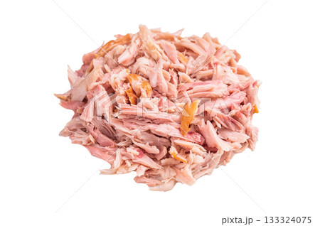 Heap of Pulled Chicken meat, hot smoked poultry isolated on white background 133324075
