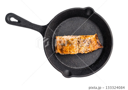 Teriyaki salmon fillet steak with glaze isolated on white background. top view 133324084