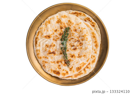 Potato Stuffed Flat Bread Aloo paratha, Traditional Indian food isolated on white background. top view 133324110