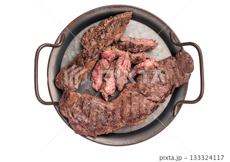 Grilled Beef hanging Steak, prime meat isolated on white background. top view 133324117