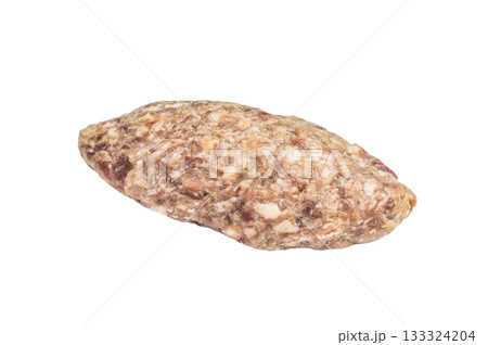 Freshly prepared raw Kofta kebab, marinated with spices, ready for grilling and bursting with flavor. isolated on white background. top view 133324204