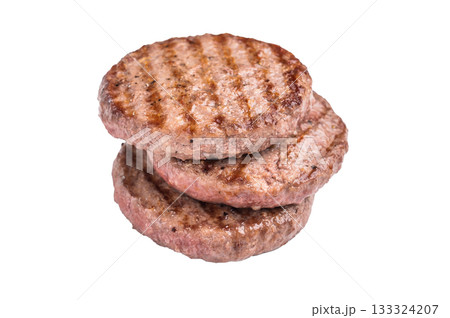 Juicy grilled meat patty cutlet with perfect grill marks, ideal for mouthwatering burgers and summer barbecues. isolated on white background. top view Juicy grilled meat patty cutlet with perfect grill marks, ideal for mouthwatering burgers and summer barbecues. isolated on white background. top view 133324207