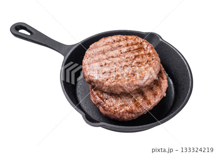 Deliciously charred grilled meat burger patty on the grill, perfect for satisfying cravings at any cookout. isolated on white background. top view 133324219