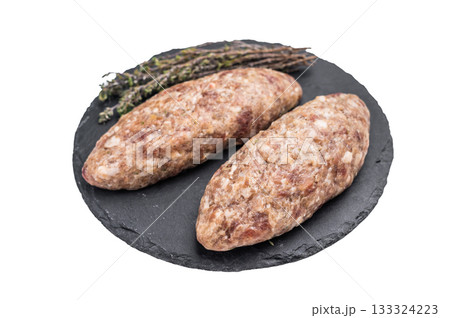 A platter of raw lula kebabs marinated in aromatic herbs, perfect for barbecuing or grilling at your next gathering. isolated on white background. top view 133324223