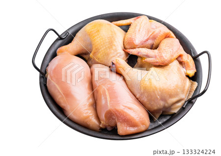 Fresh raw chicken from an eco farm, ready for cooking, isolated on white background 133324224