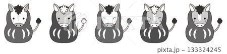 かわいい馬のダルマイラストセット、モノクロ 133324245